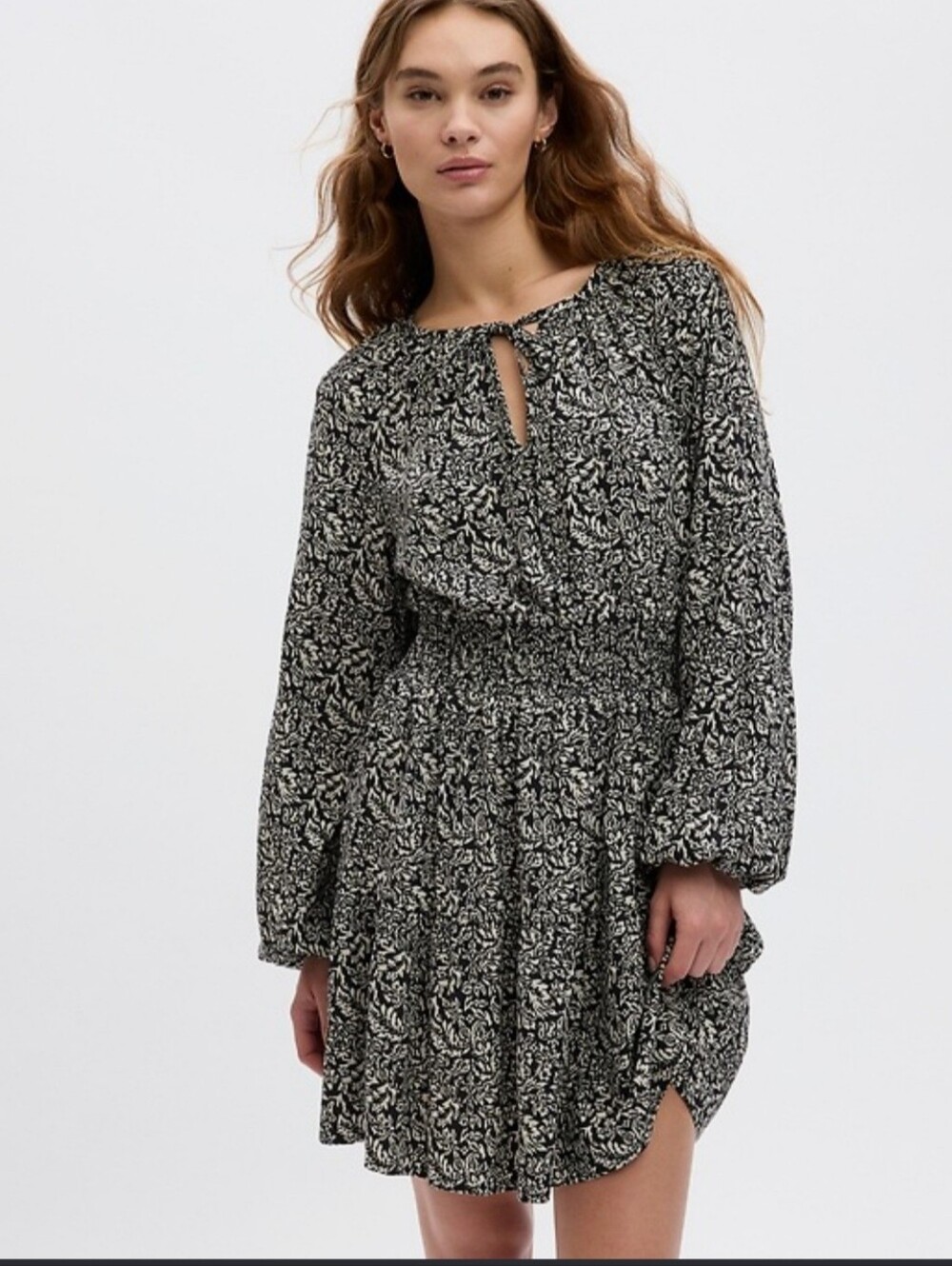 GAP Black and White Long-Sleeve Smocked-Waist Dress